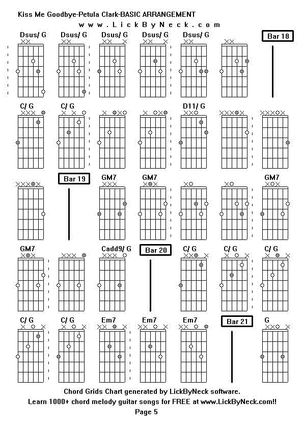 Chord Grids Chart of chord melody fingerstyle guitar song-Kiss Me Goodbye-Petula Clark-BASIC ARRANGEMENT,generated by LickByNeck software.